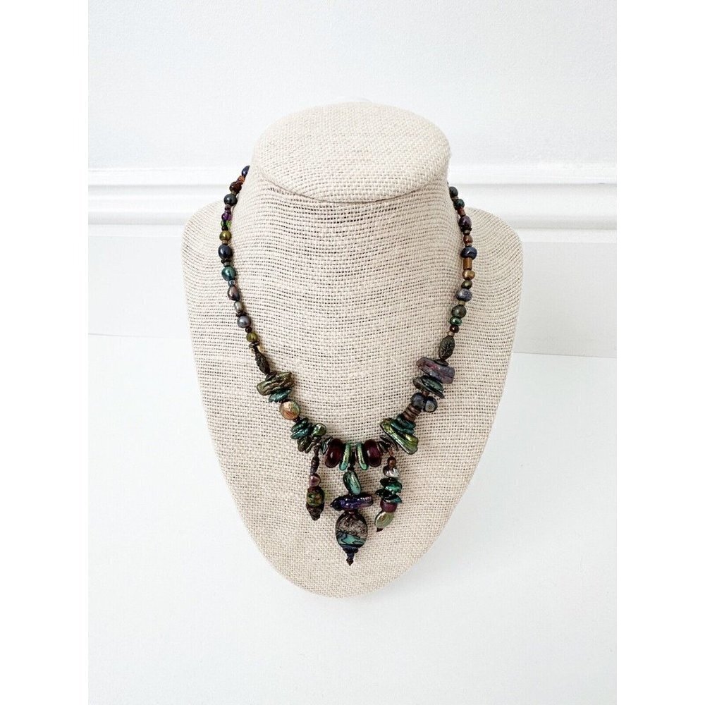 NWT Genuine Iridescent Pearl, Abalone & Glass Necklace Beaded Bronze Purple